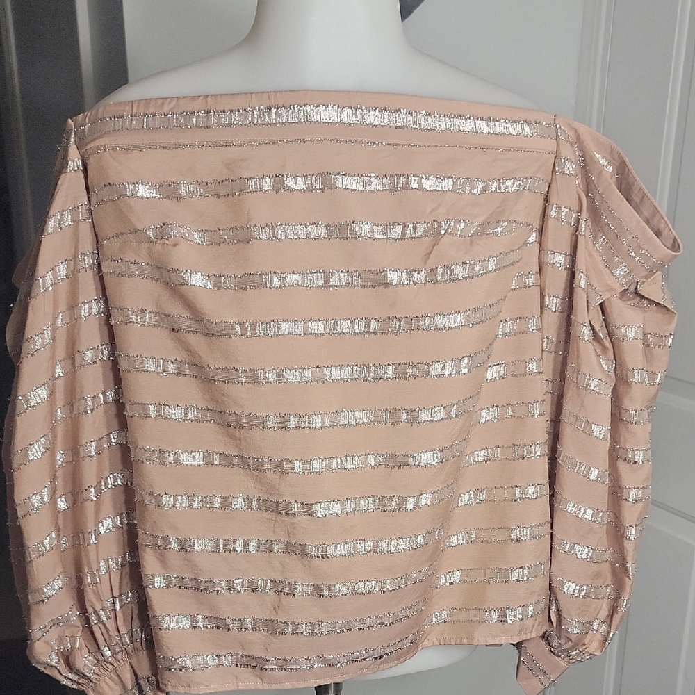 1. State Blush and Silver Striped Off-Shoulder Blouse